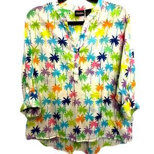 Women’s Tropical Rhinestone colorful blouse XL palm trees floral retro vacation